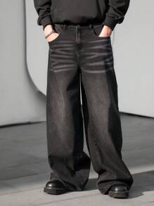 Claim Dot Men's Plus Size Black Denim Wide Leg Jeans With Zipper Detail And Long Length - Black - View 1
