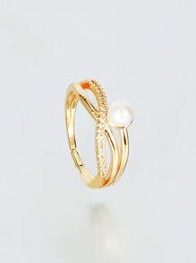 1pc Fashionable Personalized Micro-Inlaid Zirconia & Faux Pearl Adjustable Open Ring Winter Gifts - Yellow Gold - View 6