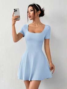 SHEIN EZwear 女士蓝色针织方领短袖休闲迷你连衣裙 - 淺藍色 - 查看 3