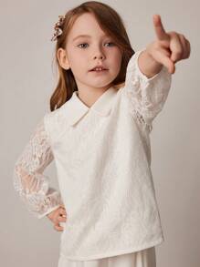 PrepCrw Young Girls Lace Polo Collar Top And Woven Pants Set, White, Spring/Summer - White - View 5