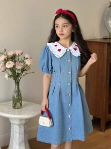 Tween Girl Casual Bleached Denim Dress With Heart Embroidery, Slim Fit Versatile Design For Everyday Wear, Chic And Fashionable - Light Wash - View 3