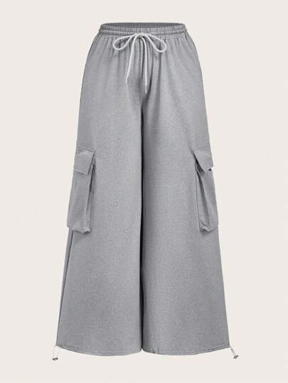 Slaydiva New Spring And Summer Casual Basic Style, Street Sports Style, High Waist, Three-Dimensional Cargo Pockets On Both Sides, Wide-Leg Extra-Long Trousers With Drawstring Hems, Light Floral Gray Women's Trousers
