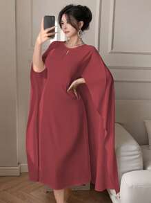 DAZY Đầm midi tay cánh dơi cổ tròn màu trơn cho nữ, đầm suông thanh lịch, đầm thu, đầm dài tay màu đỏ cho nữ - Màu Đỏ Sâu - Xem 3