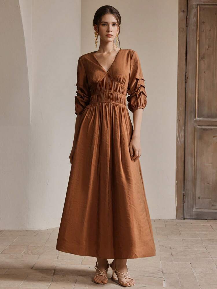 French Palace Style Vacation Beach Ruched V-Neck 3/4 Sleeve Ruffle Design Fitted Midi Dress, Elegant For Spring Festival Going Out Vacation Outfits