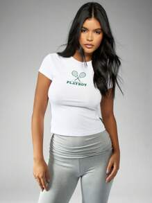 Missguided x Playboy 网球拍标志短款 T 恤运动休闲短袖修身 T 恤运动服复古街头服饰夏季春季健身上衣 - 白色 - 查看 1