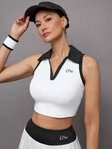 Activina 女士无袖撞色领印花短款简约 Polo 衫 - 黑與白 - 查看 6