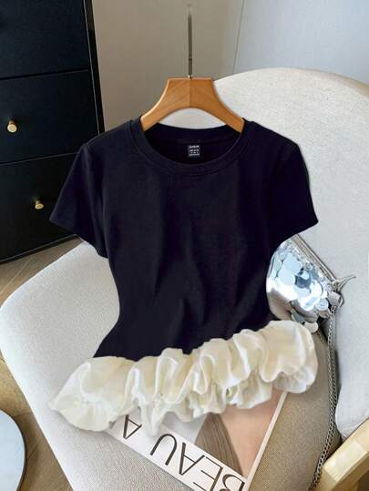 GlowEve Women's Fashionable Short Sleeve Round Neck Knit Patchwork Bubble Hem T-Shirt, Summer