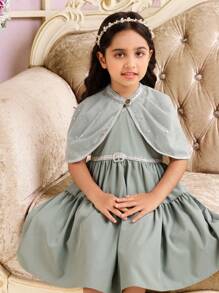 SHEIN 2pcs/Set Young Girl Gorgeous Princess Dress With Shiny Mesh Cape, Bow Waist Belt, Luxury High-End Summer Cover-Up
