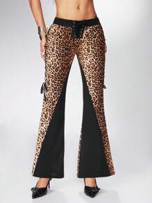 ROMWE Grunge Punk 低腰 Y2K 闪亮音乐节豹纹拼布喇叭裤 - 彩色 - 查看 6