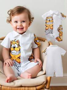 SHEIN Barboteuse à manches courtes, imprimé tigre mignon, col cranté, pour garçons bébés, idéal pour le port quotidien, les activités extérieures, le printemps/l'été