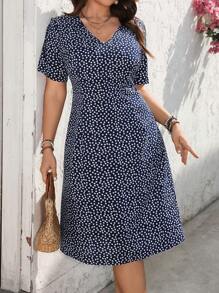 EMERY ROSE Plus Size V-Neck Short Sleeve Minimalist Short Dress, Casual & Holiday - Beige - View 4