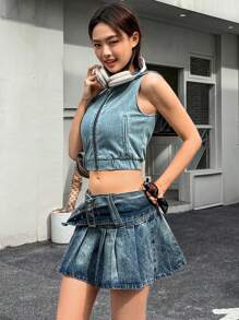 SHEIN EZwear 女士牛仔 A 字裙，低腰侧开衩百褶迷你裙，蓝色 - 中等水洗藍 - 查看 4