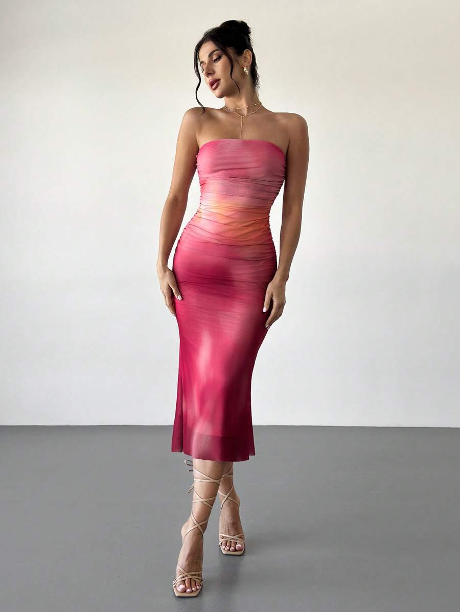 Firerie Váy suông dáng suông thanh lịch lãng mạn thời trang đi làm gợi cảm duyên dáng cho nữ, thích hợp cho tiệc tùng, kỳ nghỉ, trở lại trường, hẹn hò lãng mạn, đám cưới và sinh nhật, váy ống in ombre màu hồng bó sát, mùa thu/đông - Màu Hồng Tươi - Xem 1