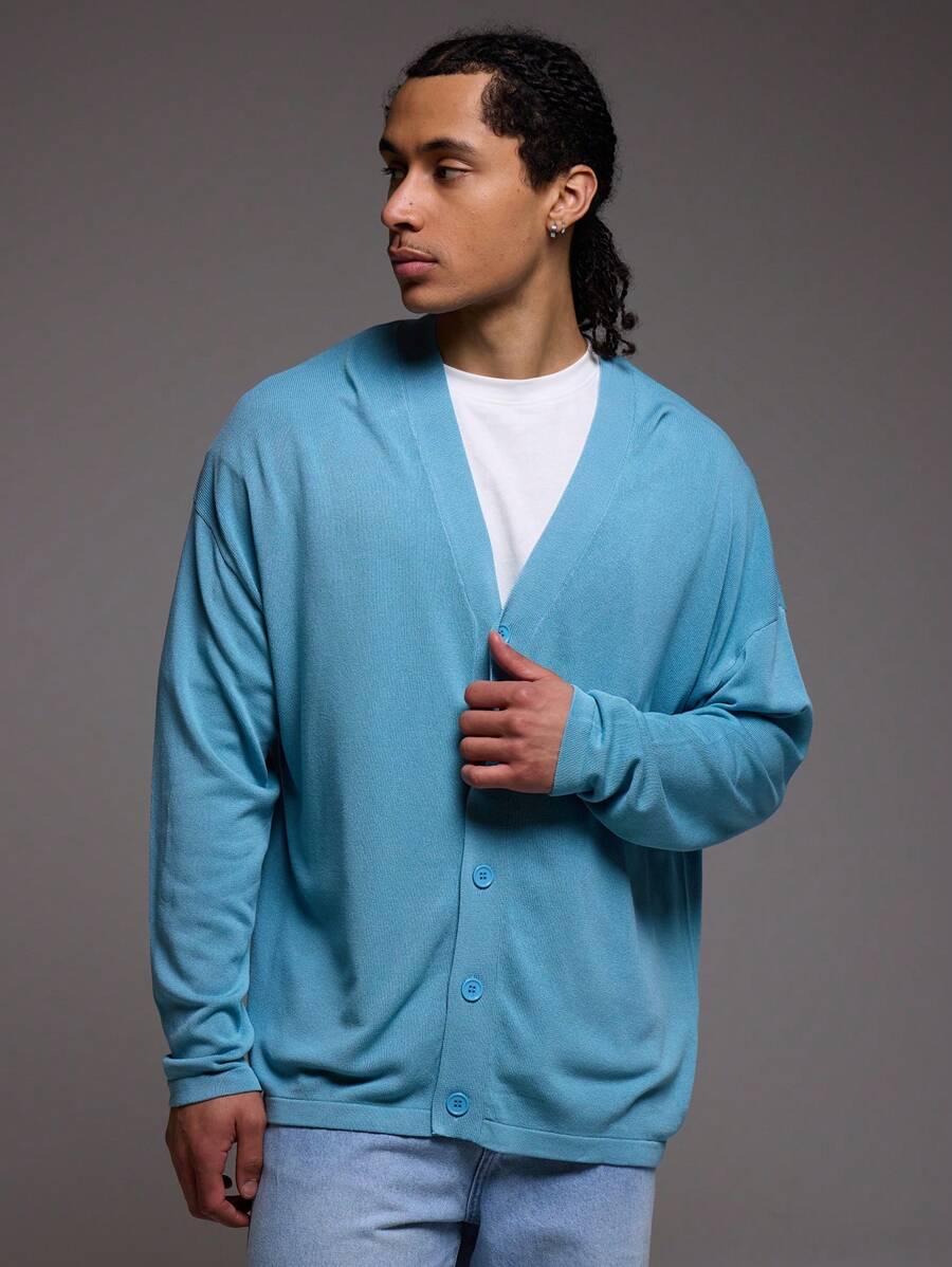 Musero 男士双层V领针织长袖上衣 - 淺藍色 - 查看 1