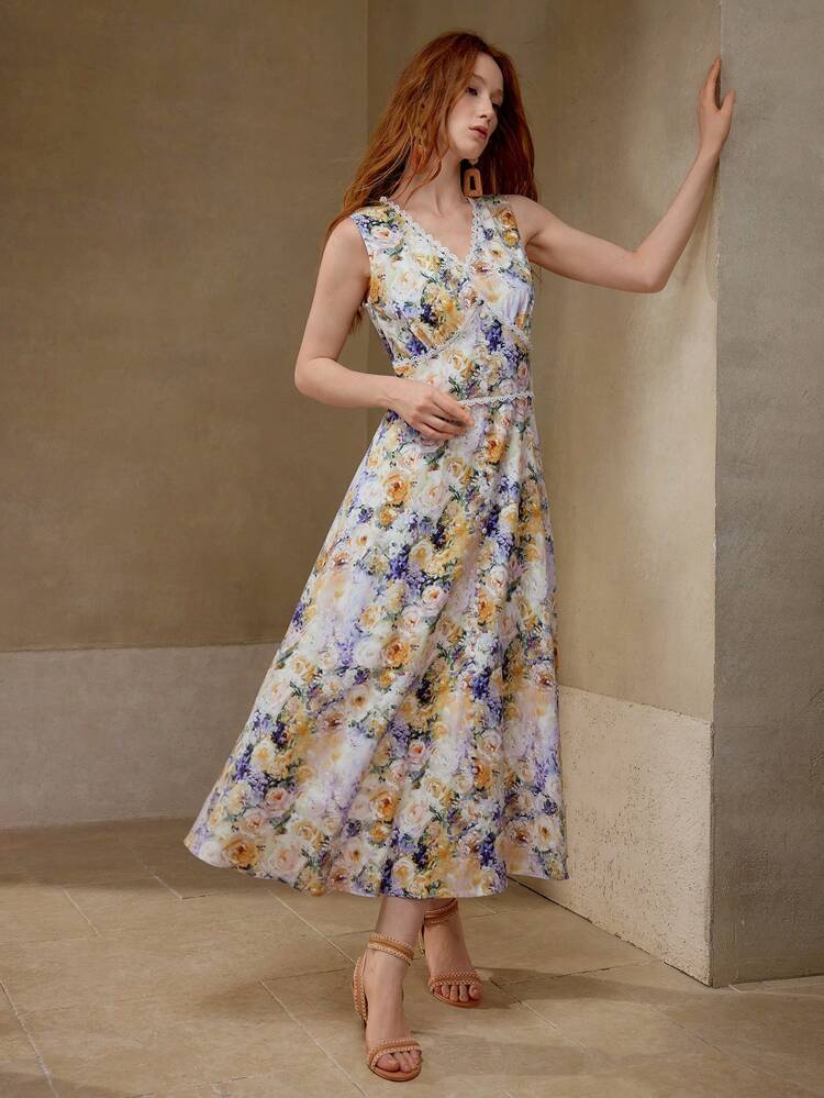 FLORAL PRINT CONTRAST LACE DRESS
