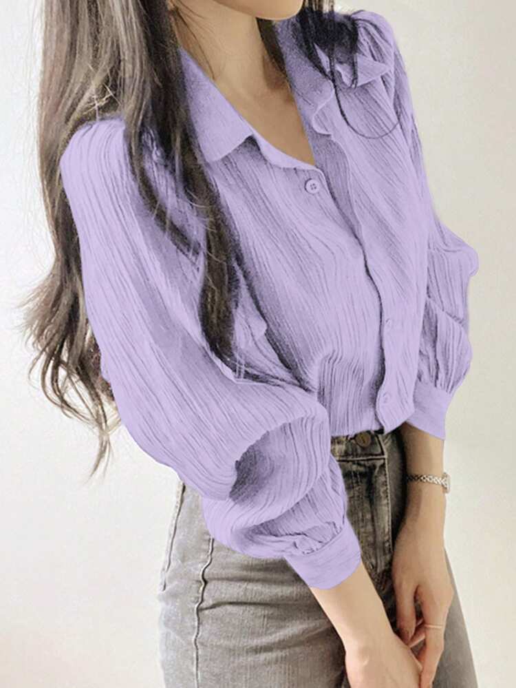 Women's Pleated Solid Color Turn-Down Collar Loose Blouse, White, Spring/Summer/Autumn,Fall Women Clothes Long Sleeve Top