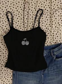 Attitoon Women's Cute Cherry Pattern Casual & Sexy Cami Top, Suitable For Summer Back To School - Black - View 6