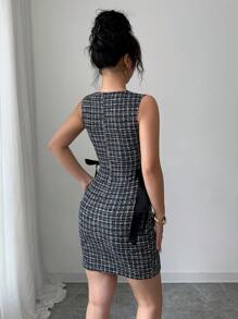 Elenzga 无袖圆领收腰优雅浪漫中长连衣裙，适合女士、办公室和通勤穿着 - 黑色 - 查看 2