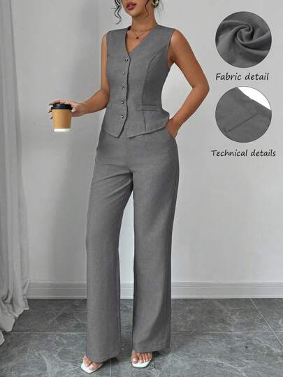 Selianne 女士优雅别致商务休闲无袖 V 领收腰后系带背心和直腿裤套装，纯色