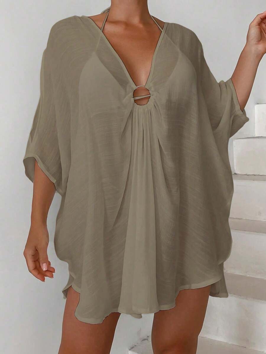 Swim Vcay Women's Loose Casual Elegant Batwing Sleeve Keyhole Connection Dress For Summer Beach Vacation