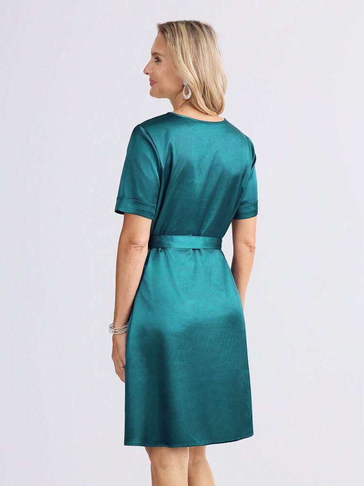Elegant Short Dress With Tied Waist And Open Front, Short Sleeve Green Textured Fabric Dress For Women