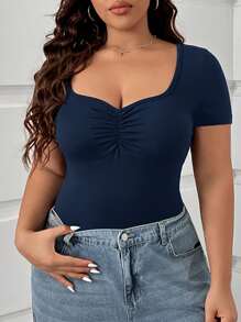 CovetEZ Plus Size Minimalist Solid Color Ruched Rhinestone Collar Bodysuit - Navy Blue - View 4