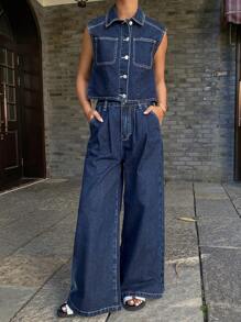 Livesso Women's Single-Breasted Casual Vest And Wide Leg Loose Denim Suit