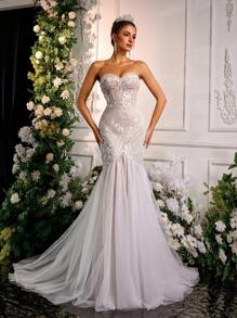 Glamrae Elegante, lujoso y romántico vestido de cola de sirena con parches de tul, detalles florales en 3D, aplicaciones de lentejuelas y encaje sin tirantes, adecuado para ceremonia de boda, vestido de novia