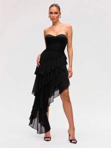 Lumalex Women's Black Elegant Summer Night Out Layered Ruffle Hem Corsage Dress,Semi-See-Through Graduation Cocktail Birthday Dresses For Wedding Banquet - Black - View 6