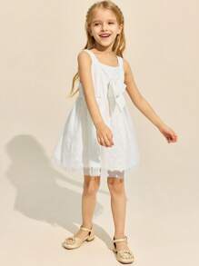 SHEIN Young Girls White Sleeveless Chiffon Dress, Elegant, Spring/Summer - White - View 6