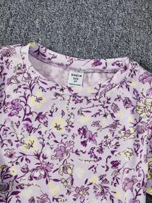 SHEIN 2 件套少女碎花宽松休闲圆领家居服套装 - 紫色 - 查看 5