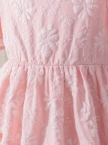Tween Girl Dusty Pink Round Neck Jacquard Floral Puff Sleeve Bow Back Decor Elegant Summer Party A-Line Dress,Occasion Dress For Princess,Graduation - Pink - View 11