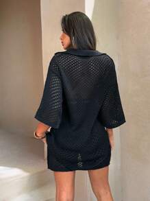 RueChic Conjunto informal de top de punto de malla sobredimensionado con cuello polo - perfecto para usar en capas, en color negro, con pantalones cortos