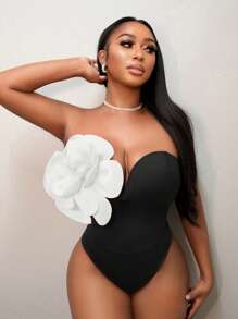 BamGleam 女士撞色 3D 花卉装饰露肩紧身衣，性感 - 黑色 - 查看 4