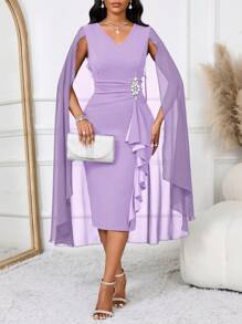 SHEIN Lady Vestido de noche formal elegante con capa estructurada y transparente de color azul para mujeres, vestido azul para otoño y todas las estaciones, vestido azul real y azul sexy para mujeres