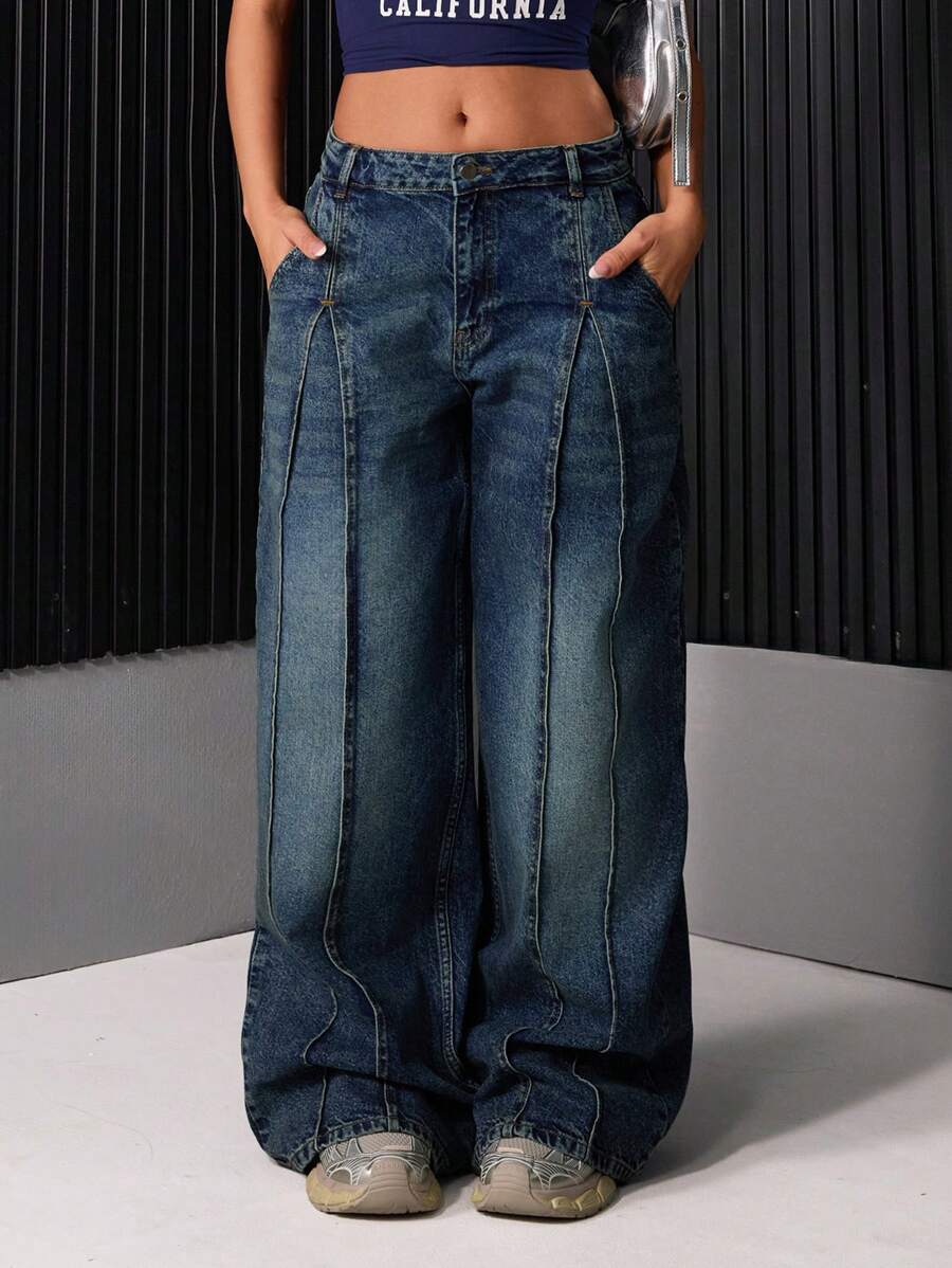 EURMUSE WOMEN MID WAIST WIDE LEG JEANS - Dark Wash - View 1