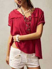 Bohemela Áo cánh nữ tay ngắn thường ngày màu trơn xếp nếp cài nút - Đỏ - Xem 4