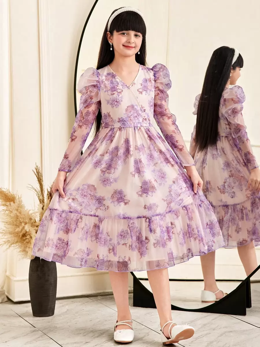 SHEIN Leap Crew Tween Girls' Elegant V-Neck Bishop Sleeve Floral Print Waisted Mid-Calf Dress - Apricot - View 1