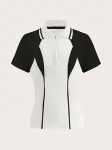 SHEIN Sports Women's Contrast Color Block Zip Neck Short Sleeve Outdoor T-Shirt - White - View 1