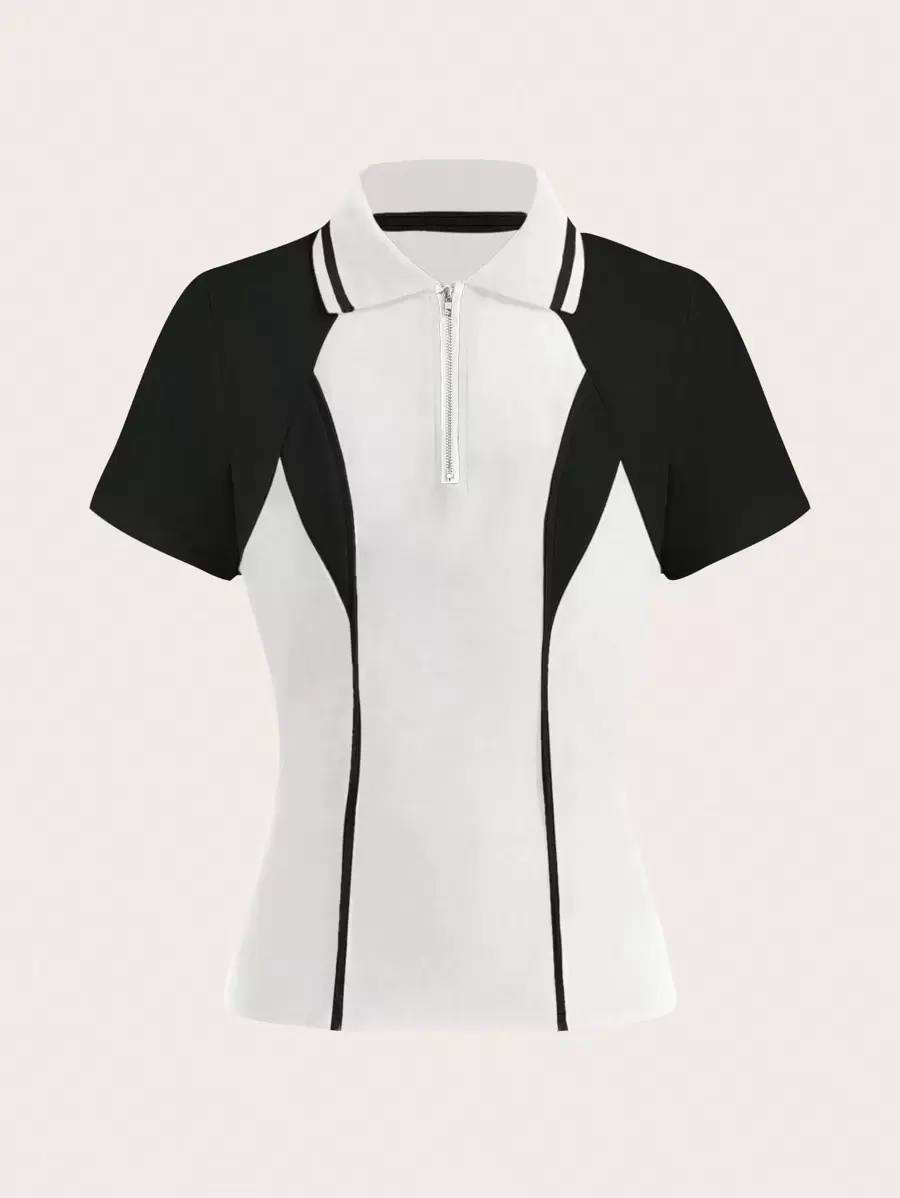 SHEIN Sports Women's Contrast Color Block Zip Neck Short Sleeve Outdoor T-Shirt - White - View 1