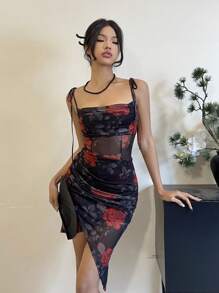 EastFlair 女士花卉印花垂坠修身中长吊带连衣裙 - 黑色 - 查看 8