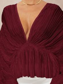 Lumalex Deep V-Neck Loose Blouse With Oversized Ruffle Sleeves And Flared Hem For Women - Burgundy - View 4