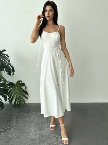 Firerie Vestido línea A con decoración floral blanca, elegante, minimalista, precioso y romántico con cintura alta, adecuado para uso diario, citas, fiestas, vacaciones