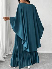 Elenzga Elegant 2pcs Set: High Low Cloak + Pleated Skirt - Cadet Blue - View 2