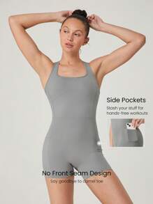 GLOWMODE 4.3" FeatherFit™-Air Sweat-Wicking Quick-Dry Tummy Control Corset Round-Neck Crossover Back Bodysuit Jumpsuit Romper With Side Pockets Low Impact Yoga Pilates Studio Daily Casual Wear Removable Cups - Grey - View 3