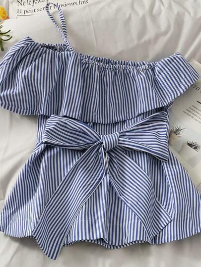 INAWLY Women's Striped Asymmetrical Ruffle Collar Tie Waist Casual Blouse,Women's Striped Off-Shoulder Design With Waist Tie X-Shaped Resort Style Shirt,Flattering,Pear Shape,Apple Shape Friendly,Body Inclusive,3D Tailoring,New Arrival,Slim Fit,Vintage,Vacatio,Party,Dating,Straps,Asymmetric Top,Ruffle,Vintage Print Shirt ,Vintage Hot Girl,Vacation Style,Animal Print