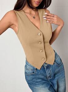 K-Vae Atasan Tank Top Wanita Kasual Warna Polos Rajut Leher V Pas Badan untuk Musim Gugur/Dingin - Khaki - View 4