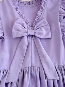 SHEIN Leap Crew 女童编织可爱不对称荷叶边刺绣蝴蝶结装饰衬衫和休闲优雅喇叭裤两件套，薰衣草色，适合春季外出、度假、花园茶会、休闲外出