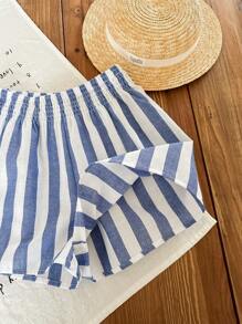 Tween Girls' Casual Wide Striped Elastic Waist Loose Vacation Shorts - Blue - View 6