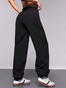 SHEIN Sports Women's Casual Solid Color Drawstring Waist Hiking Pants - Black - View 2